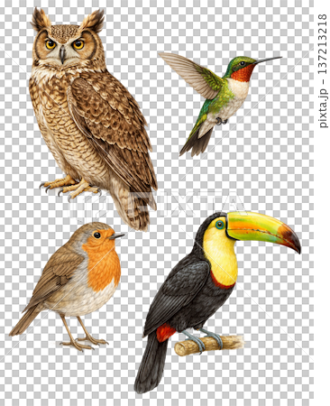 Wild Bird Illustration Set   Owl, Hummingbird, Robin and Toucan 137213218