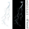 Lightning bolt illustration with branching jagged paths striking from cloud formation on transparent background isolated for scientific visualization and commercial use 137213264
