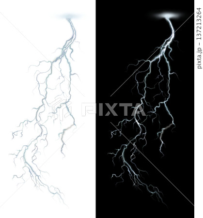 Lightning bolt illustration with branching jagged paths striking from cloud formation on transparent background isolated for scientific visualization and commercial use 137213264