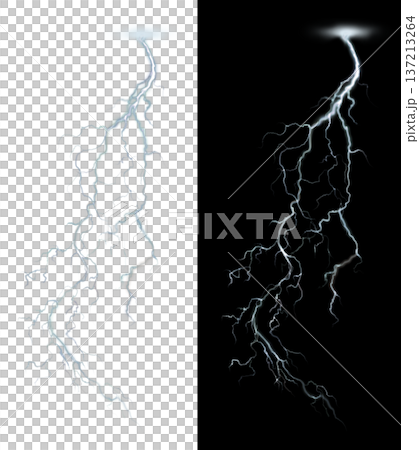 Lightning bolt illustration with branching jagged paths striking from cloud formation on transparent background isolated for scientific visualization and commercial use 137213264