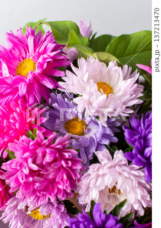 A group of flowers in shades of pink, purple, and white are gathered in a vase. The vase rests on a table. The setting is bright and shows the flowers clearly 137213470