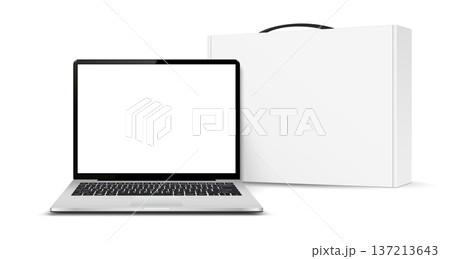 Realistic laptop computer with white carton box mockup 137213643