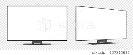Realistic tv screen mockup. Front and side view with white empty screen on transparent background. Realistic tv screen mockup. Front and side view with white empty screen on transparent background. 137213652