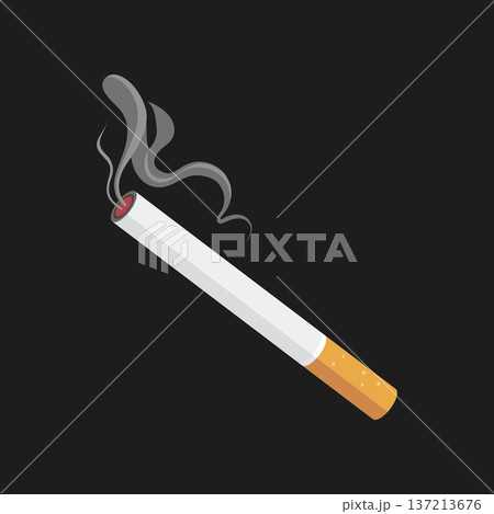 Lit cigarette with smoke on a black background. Lit cigarette with smoke on a black background. 137213676