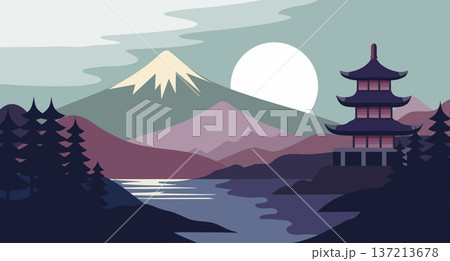 Serene Japanese landscape with Mount Fuji and pagoda. Scenic illustration. 137213678