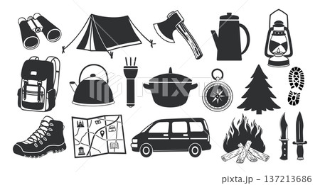 Camping icons set. Illustration of camping and outdoor adventure equipment. Nature and travel icons. 137213686