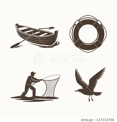 ocean adventure silhouette set with rowboat, life buoy, male fisherman casting net, and seagull in flight vector illustration 137213708