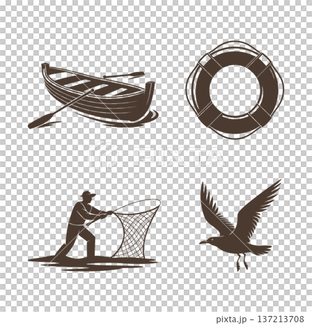 ocean adventure silhouette set with rowboat, life buoy, male fisherman casting net, and seagull in flight vector illustration 137213708