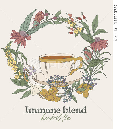 Hand drawn immune herbal blend wreath with tea cup 137213787