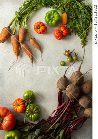 Various types of fresh vegetables like beets, carrots, green tomatoes, and orange tomatoes are placed on a flat surface. The scene shows a mix of colors and shapes, highlighting the harvest Various types of fresh vegetables like beets, carrots, green tomatoes, and orange tomatoes are placed on a flat surface. The scene shows a mix of colors and shapes, highlighting the harvest 137213922