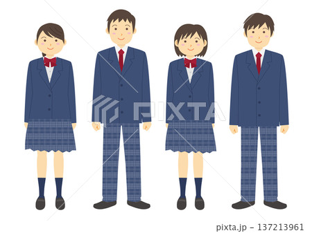 ブレザーの制服を着た男女の学生のイラストのセット_4人_青 ブレザーの制服を着た男女の学生のイラストのセット_4人_青 137213961