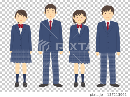 ブレザーの制服を着た男女の学生のイラストのセット_4人_青 ブレザーの制服を着た男女の学生のイラストのセット_4人_青 137213961