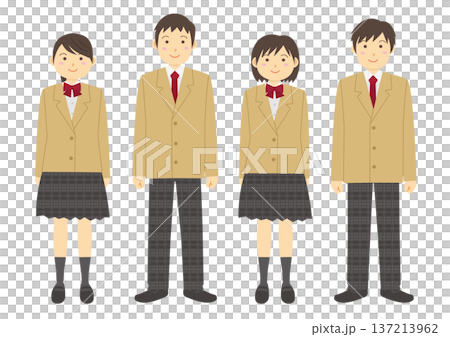 Set of four male and female students wearing blazer uniforms, beige 137213962