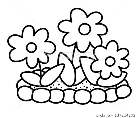 Vector black and white flower bed. Garden blooming plant with railing. Line florals clipart. Baby greenery with leaves isolated on white background. Spring illustration, coloring page 137214172