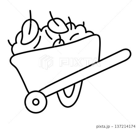 Vector black and white wheel barrow with foliage and greenery isolated on white background. Line spring garden tool illustration, coloring page. Gardening equipment icon Vector black and white wheel barrow with foliage and greenery isolated on white background. Line spring garden tool illustration, coloring page. Gardening equipment icon 137214174
