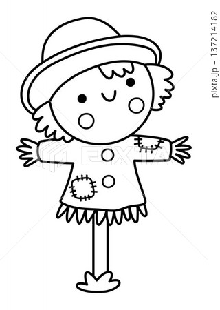 Vector black and white scarecrow isolated on white background. Line spring garden bugaboo illustration. Gardening equipment icon. Cute bogeyman made of straw coloring page Vector black and white scarecrow isolated on white background. Line spring garden bugaboo illustration. Gardening equipment icon. Cute bogeyman made of straw coloring page 137214182