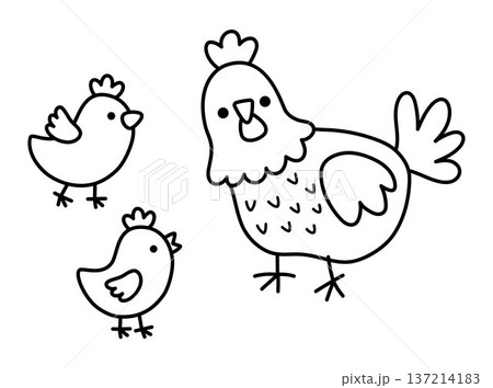 Vector black and white funny hen with chicks icon. Farm bird line clipart isolated on white background. Spring Easter illustration, coloring page. Cute domestic animal. Chicken babies with mother Vector black and white funny hen with chicks icon. Farm bird line clipart isolated on white background. Spring Easter illustration, coloring page. Cute domestic animal. Chicken babies with mother 137214183