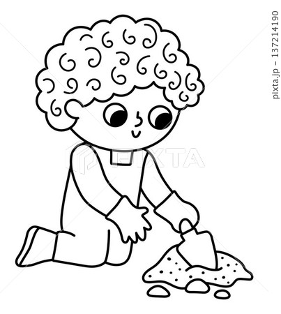 Vector black and white boy digging the ground with little spade. Cute kid gardener line clipart. Funny child doing gardening works, planting seed. Nature illustration, coloring page with children 137214190