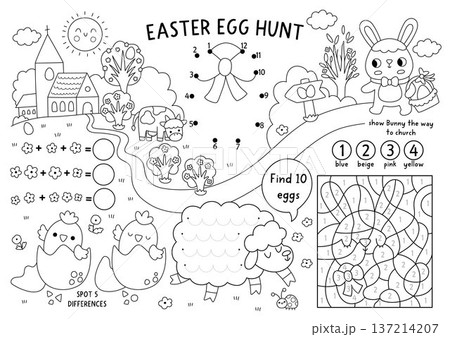 Vector Easter village placemat for kids. Spring holiday printable activity mat with maze, tic tac toe charts, connect dots, find difference. Black and white egg hunt coloring page with bunny Vector Easter village placemat for kids. Spring holiday printable activity mat with maze, tic tac toe charts, connect dots, find difference. Black and white egg hunt coloring page with bunny 137214207