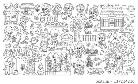 Vector black and white garden clipart set. Cute farm line icons collection with kids doing gardening work, growing plants. Nature illustrations with children. Spring or summer coloring page 137214210