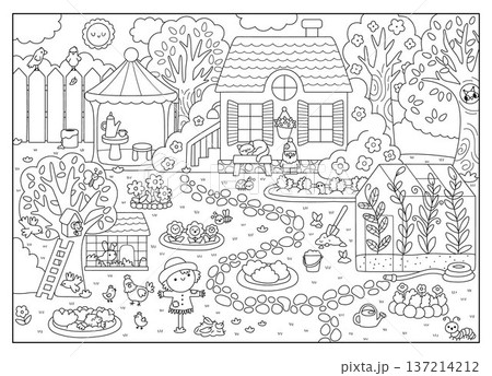 Vector empty black and white garden landscape. Country house line detailed scene with greenhouse. Cute spring nature background, coloring page with birds, birdhouse, scarecrow 137214212
