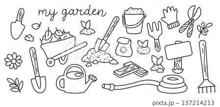 Vector black and white set of garden tools, equipment and baby plants. Line collection of gardening facilities. Spring illustration or coloring page of spade, rakes, glove, pruning shears Vector black and white set of garden tools, equipment and baby plants. Line collection of gardening facilities. Spring illustration or coloring page of spade, rakes, glove, pruning shears 137214213