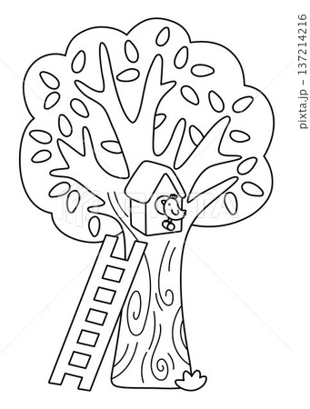 Vector black and white tree with birdhouse and ladder icon isolated on white background. Garden or forest line plant with leaves. Spring, Easter village or farm illustration, coloring page Vector black and white tree with birdhouse and ladder icon isolated on white background. Garden or forest line plant with leaves. Spring, Easter village or farm illustration, coloring page 137214216