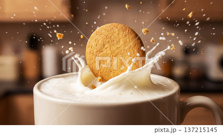 A cookie falling into a mug of milk 137215145