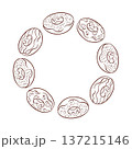Wreath with glazed donut with various topping, pink, chocolate and mint green frosting with sprinkles in line art style. 137215146