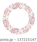 Hand drawn wreath frame with salmon steak, cuts, garlic, chili and herb. Line art illustration on white background for restaurant menu, seafood packaging, label and grill design. 137215147