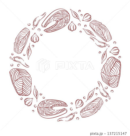 Hand drawn wreath frame with salmon steak, cuts, garlic, chili and herb. Line art illustration on white background for restaurant menu, seafood packaging, label and grill design. 137215147