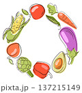 Wreath with hand drawn vegetable and fruit arranged in circle. Colorful flat illustration background for healthy food menu, packaging and organic design. 137215149