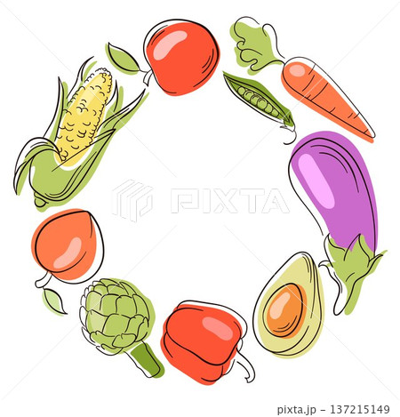 Wreath with hand drawn vegetable and fruit arranged in circle. Colorful flat illustration background for healthy food menu, packaging and organic design. 137215149