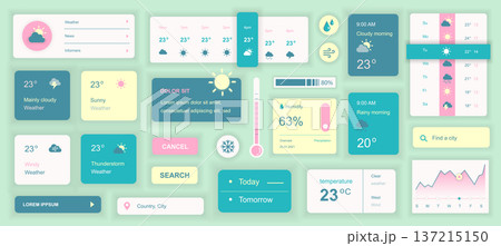 Weather mobile app template with user interface elements. Bundle of UI, UX, GUI kit with calendar, day, week, temperature data, atmospheric pressure, forecast dashboards, more. Vector illustration. 137215150