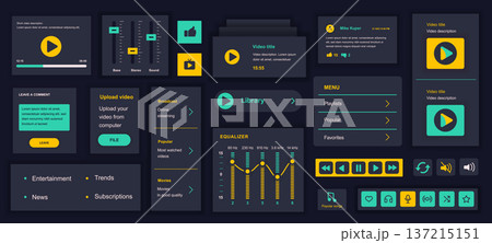 Video tube mobile app template with user interface elements. Bundle of UI, UX, GUI kit with player setting, online broadcast, movies streaming, comment, subscription, menu, more. Vector illustration. 137215151