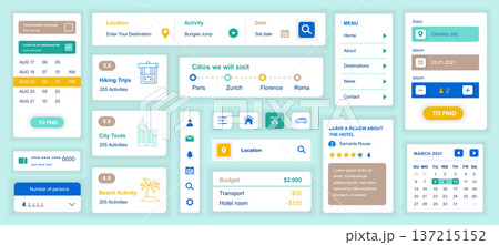 Travel agency mobile app template with user interface elements. Bundle of UI, UX, GUI kit with calendar date, search destination, trip, city tour, transportation, hotel, more. Vector illustration. Travel agency mobile app template with user interface elements. Bundle of UI, UX, GUI kit with calendar date, search destination, trip, city tour, transportation, hotel, more. Vector illustration. 137215152