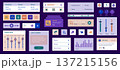 Music mobile app template with user interface elements. Bundle of UI, UX, GUI kit with online streaming, equalizer player, video, sound, song playlist, entertainment, trend, more. Vector illustration. 137215156