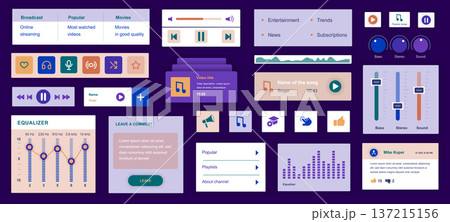 Music mobile app template with user interface elements. Bundle of UI, UX, GUI kit with online streaming, equalizer player, video, sound, song playlist, entertainment, trend, more. Vector illustration. 137215156