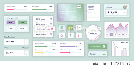 Mobile banking mobile app template with user interface elements. Bundle of UI, UX, GUI kit with credit card limits, currency, payment, money transfer, balance statistic, more. Vector illustration. 137215157