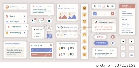 Messenger mobile app template with user interface elements. Bundle of UI, UX, GUI kit with online account, chat, call, message, post photo, friends list, statistic, emoji, more. Vector illustration. Messenger mobile app template with user interface elements. Bundle of UI, UX, GUI kit with online account, chat, call, message, post photo, friends list, statistic, emoji, more. Vector illustration. 137215158