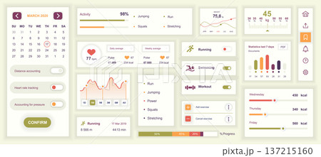 Fitness mobile app template with user interface elements. Bundle of UI, UX, GUI kit with calendar, distance, heart rate tracking, activity, pulse graph, running, workout, more. Vector illustration. 137215160