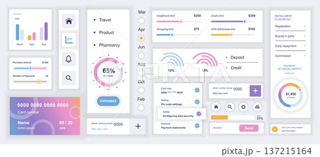 Data analysis mobile app template with user interface elements. Bundle of UI, UX, GUI kit with finance income, graph statistic, credit card, payment, amount, shopping limit, more. Vector illustration. 137215164