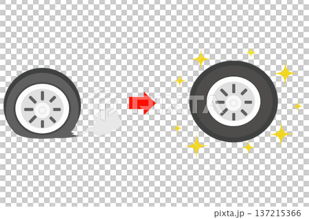 パンクタイヤと新品タイヤの比較イラスト｜交換・安全運転・カー メンテナンス概念 137215366
