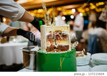 Modern birthday cake with natural decoration at birthday party. Modern birthday cake with natural decoration at birthday party. 137215604
