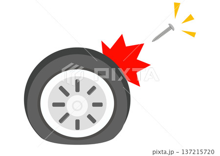 釘が刺さったパンクタイヤのフラットイラスト 137215720