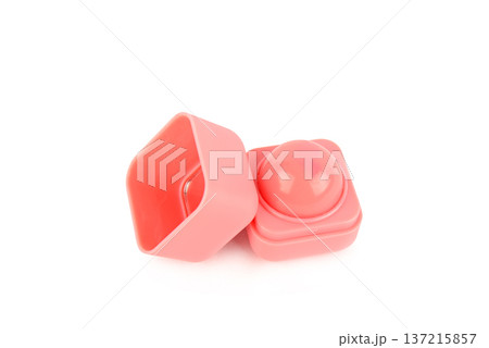 Pink Round Lip Balm in Modern Square Case Isolated on White Pink Round Lip Balm in Modern Square Case Isolated on White 137215857