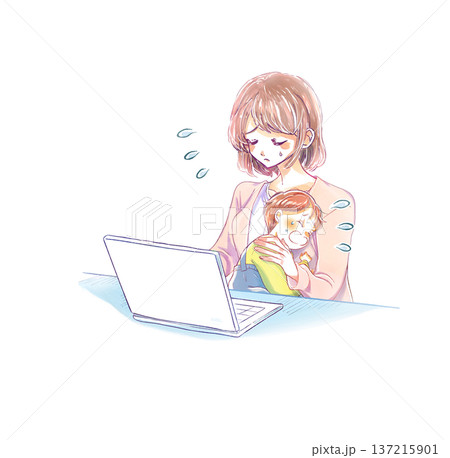 泣いている子供を抱きながらノートパソコンを操作する女性 困る 泣いている子供を抱きながらノートパソコンを操作する女性 困る 137215901