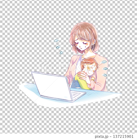 泣いている子供を抱きながらノートパソコンを操作する女性 困る 泣いている子供を抱きながらノートパソコンを操作する女性 困る 137215901