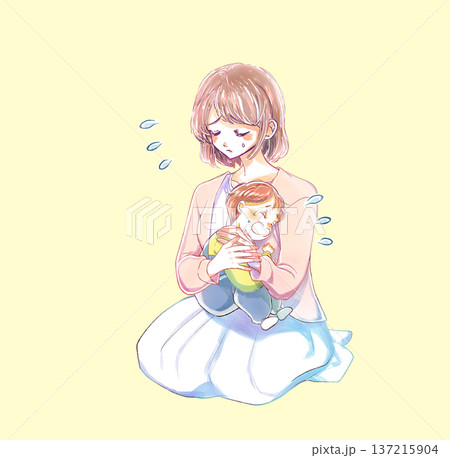 泣いている子供を抱いている女性 困る 泣いている子供を抱いている女性 困る 137215904