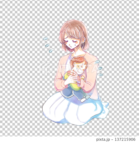 A woman holding a crying child is troubled 137215906